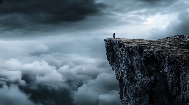 Solitary Figure on a Clifftop, Dramatic Cloudy Sky, Digital Landscape Art AI Generated