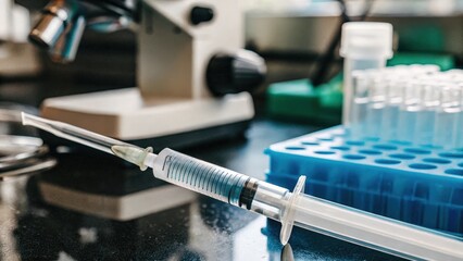 Detailed image of a syringe filled with a CRISPRrelated solution resting next to a lab bench indicating preparation for gene editing procedures on human cells.