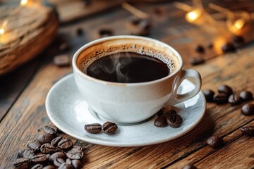 Fototapeta premium Warm cup of rich coffee on a rustic wooden table surrounded by aromatic coffee beans in a cozy setting