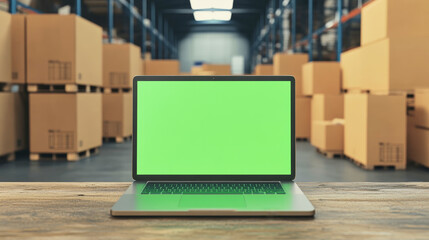 Bright industrial workspace with green screen laptop and cardboard boxes on wooden table