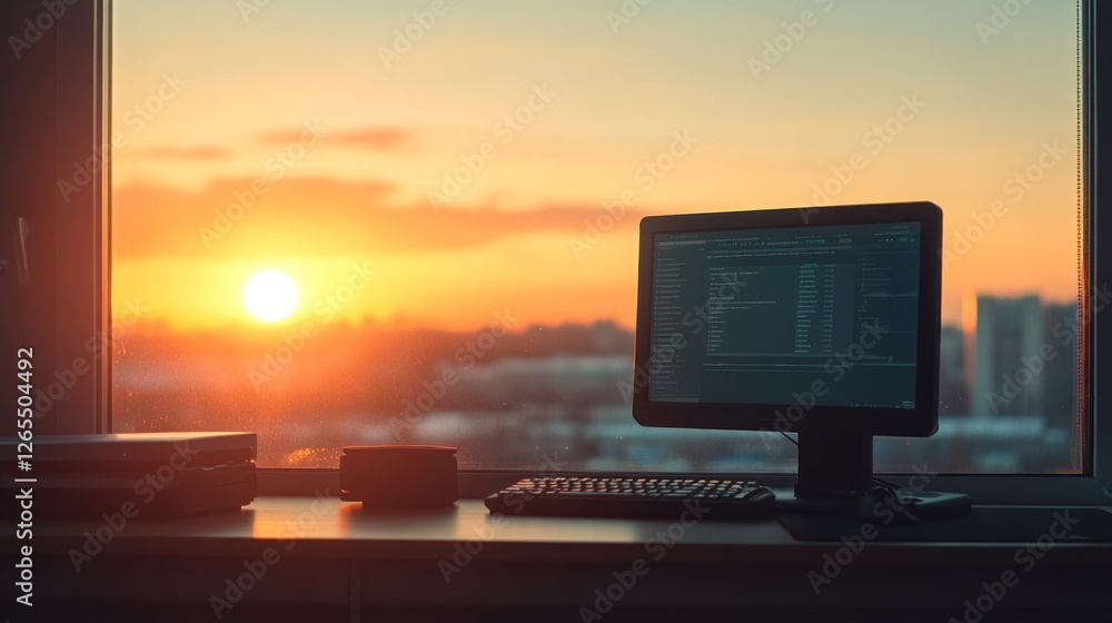 Poster sunset coding session: a golden hour at the office