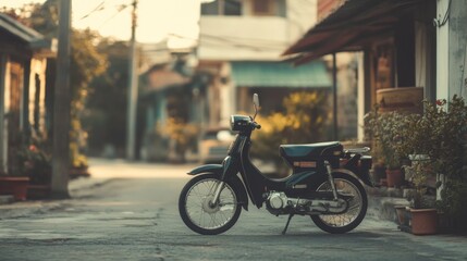 Vintage scooter parked on Asian street, sunset. Travel blog/website use