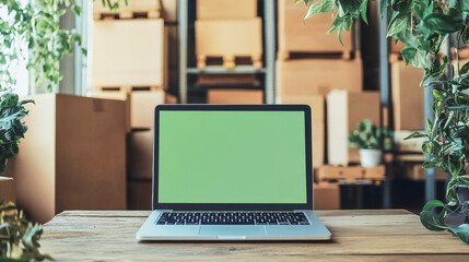 Sleek laptop with plain green screen on wooden desk in organized warehouse space