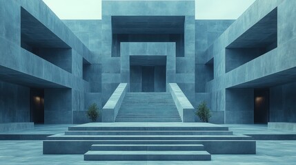Obraz premium Modern concrete architecture, empty courtyard, grand staircase, tranquil scene