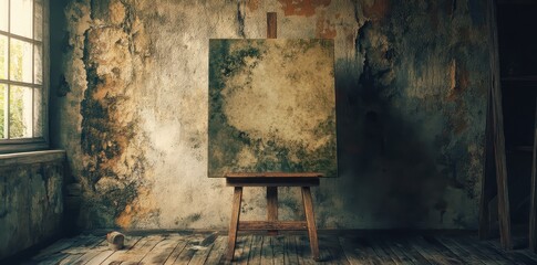 Easel stands in front of decaying wall inside abandoned room