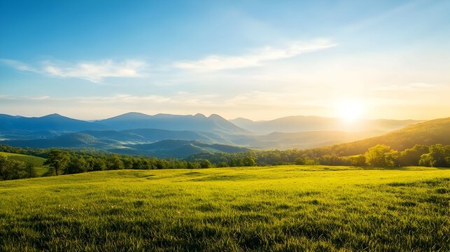 Golden Sunrise Over Rolling Hills and Green Field