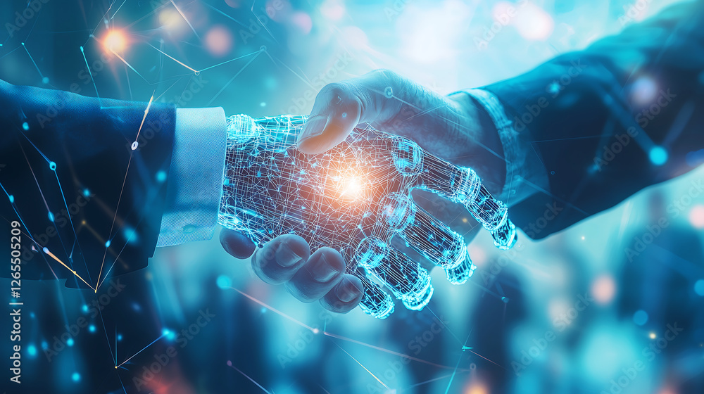 Poster futuristic business handshake between human and artificial intelligence symbolizing partnership and 