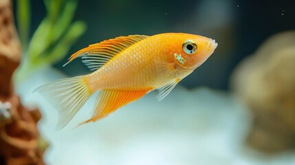 Orange fish swims in aquarium, plants background, pet hobby