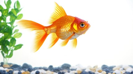 Orange goldfish swimming in aquarium, white background, pet care