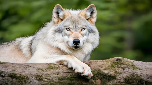 A close-up of a wolf resting on a log, with a blurred green background, showcasing its striking eyes and fur texture.