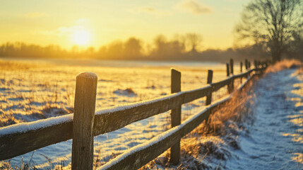 Fototapeta premium Countryside landscape with wooden fence at sunset during spring thaw