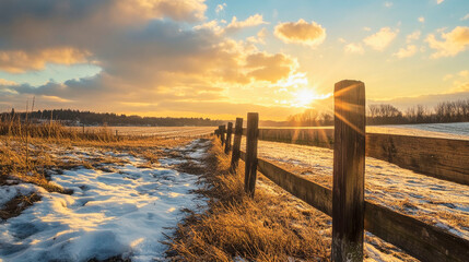 Fototapeta premium Countryside landscape in early spring with wooden fence under a golden sunset