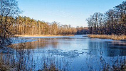 Frozen lake begins to thaw in spring as nature awakens from winter slumber