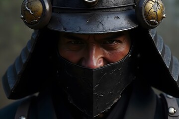 Fototapeta premium A hyper-detailed samurai’s face, half-covered by a cracked metal mask.