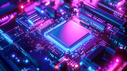 Exploration of high-tech processor operation with glowing neon circuits in vibrant colors