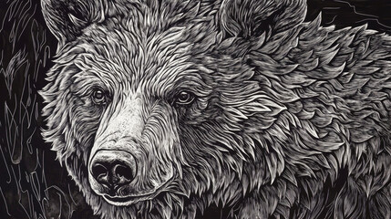 Intricate woodcut-style bear portrait featuring fine detailing and three-dimensional depth