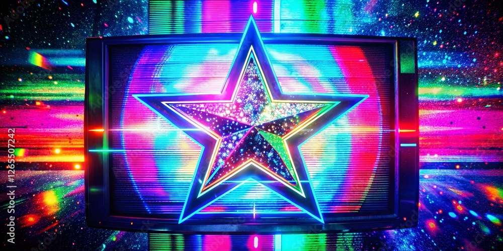 Poster abstract glitch art: rotating star double exposure with pixel noise and tv static background