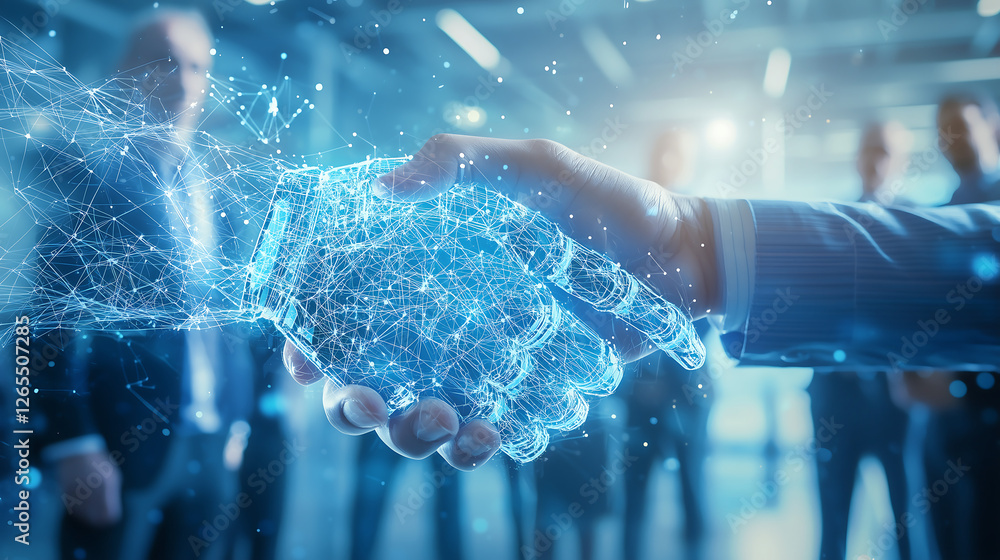 Poster futuristic handshake between human and artificial intelligence symbolizing business partnership coll