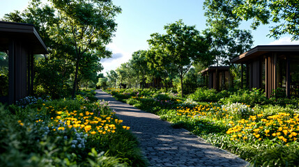 Stone Path Through Lush Garden with Yellow Flowers and Cabins