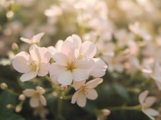 Obraz premium Soft Pink Blooms: Delicate blush pink flowers in full bloom, bathed in the soft golden light of sunrise or sunset, creating a serene and romantic atmosphere.