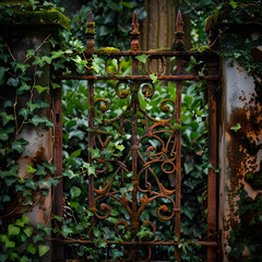 Rusted Metal Gate with Intricate Ironwork Partially Overgrown by Moss and Ivy