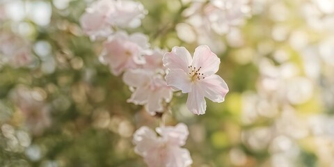Fototapeta premium Soft Pink Cherry Blossoms: Delicate, light pink cherry blossoms in full bloom, bathed in soft sunlight. A gentle breeze suggests movement, creating a serene and peaceful atmosphere.