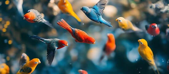 Vibrant flock of colorful birds in mid-flight against a blurred natural background (1)