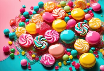 Fototapeta premium vibrant still life assorted candies perfectly arranged eye catching colorful backdrop whimsical visual experience, candy, sweets, arrangement, lollipop