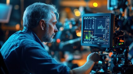 A side profile of a cinematographer intently adjusting the settings on a waveform monitor highlighted by the soft glow of the screen. The waveform display shows a wellbalanced exposure
