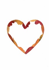 Autumn leaves in the shape of a heart on a white background.