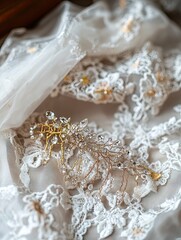 A gold and crystal headpiece is displayed on a white lace background
