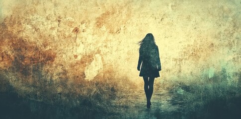 Silhouette of a woman walking on a path away from viewer