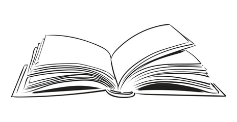 Open book hand drawn on transparent background. Vector image drawn with black lines.