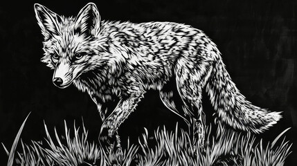 Fine monochrome woodcut print of a fox with intricate detailing and dramatic contrasts