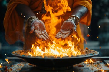 Close up shot of monk hand dressed in traditional Indian dress sitting in front of fire bowl. Maha Shivaratri festival concept, Hindu festival, Havan