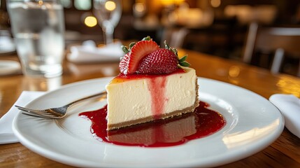 Classic cheesecake slice topped with fresh strawberries and drizzled with strawberry sauce, beautifully plated on a rustic wooden table