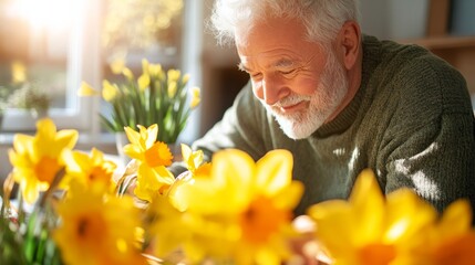 Smiling gray-haired man leaning over bouquets of daffodils, sunny day, preparation for holiday. Concept St. David's Day, symbol of spring