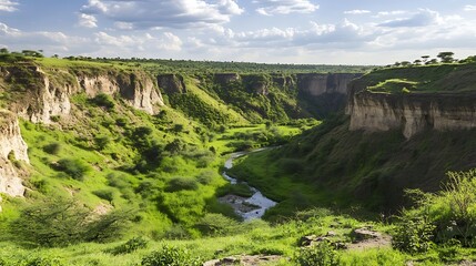 Lush Green Canyon River Valley Landscape