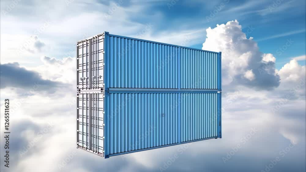 Poster a shipping container floating in a surreal cloud-filled sky, reflecting its image in a mirrored surf