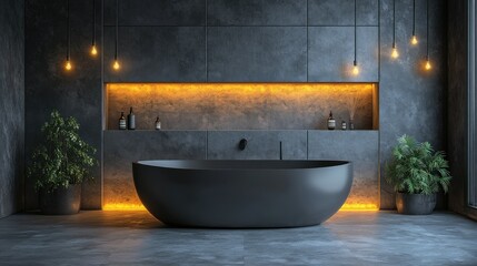 Modern dark bathroom with freestanding tub, warm lighting, and plants