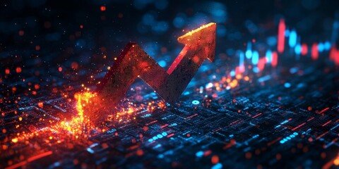 Virtual digital arrow up, financial growth, interest rate increase, inflation, high modern banner