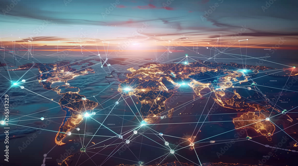 Poster world map with glowing network connections at sunset. top view of earth with luminous links between 