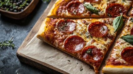 Pepperoni pizza slices on wooden board