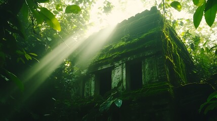 Obraz premium Moss Covered Temple Ruins In Lush Jungle Sunlight