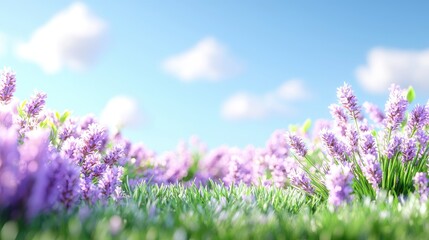 Fototapeta premium Lavender field, sunny day, blue sky, clouds, nature scene, postcard