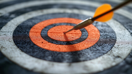 a dart hitting the bullseye of a dartboard. The orange dart stands out against the black and white rings of the board, symbolizing a perfect shot and achieving a goal