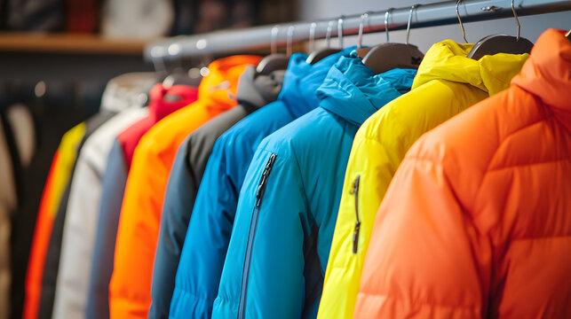 Colorful winter jackets on a rack. Vibrant coats for cold weather. Fashionable outerwear in various hues. Stay warm and stylish this season!