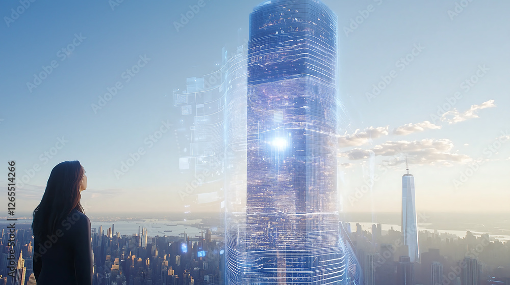 Poster futuristic city skyline with a smart digital skyscraper concept representing urban innovation artifi