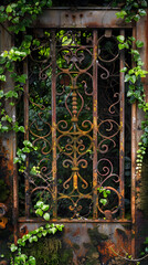Rusted Metal Gate with Intricate Ironwork Partially Overgrown by Moss and Ivy