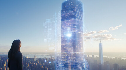 Futuristic city skyline with a smart digital skyscraper concept representing urban innovation artificial intelligence and high-tech architectural development in a modern metropolis